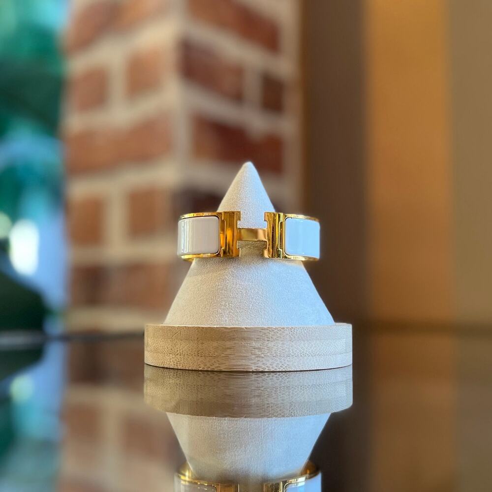 HERMES H Clic Clac White Enamel Yellow Gold Metal Bracelet
